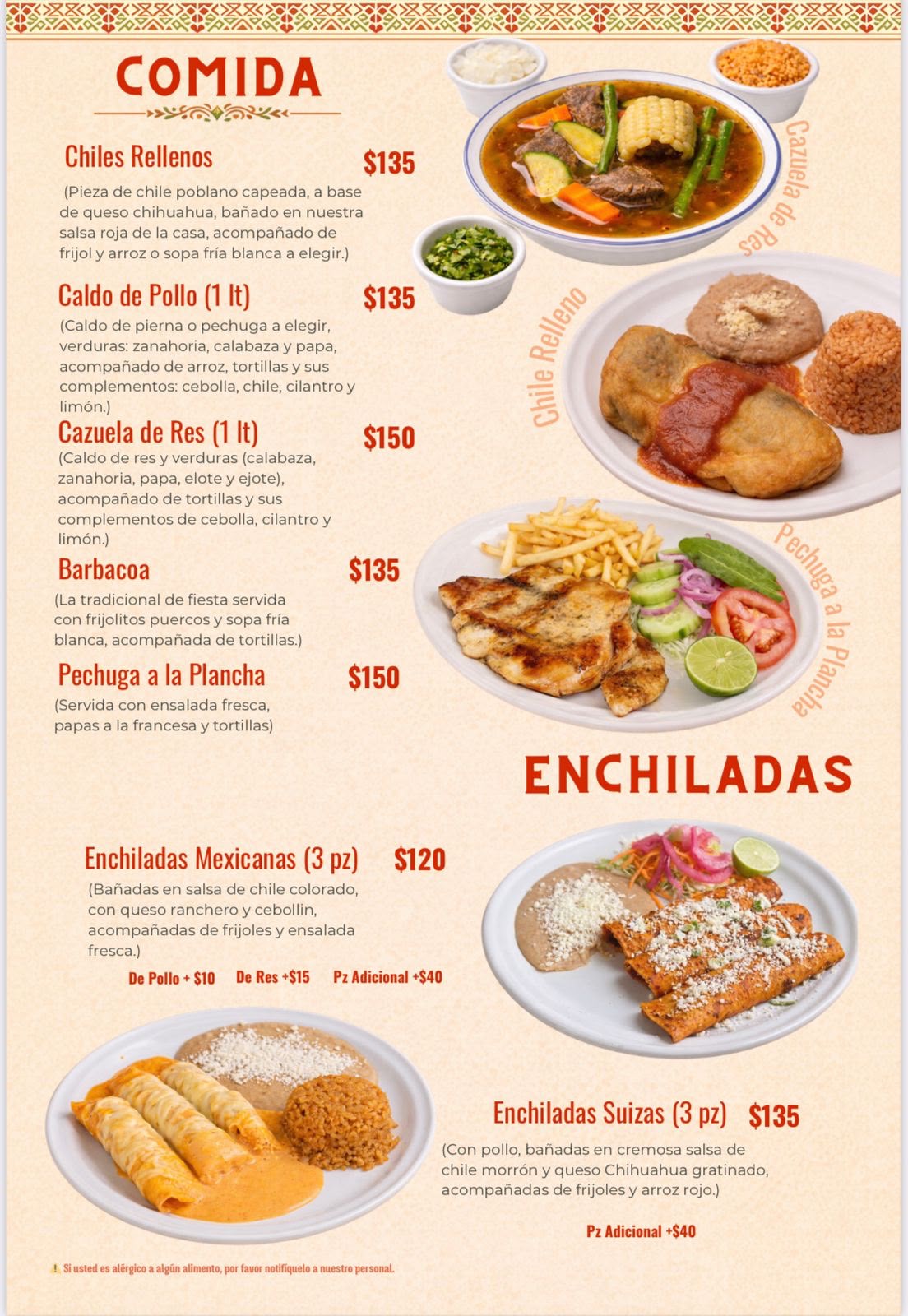 Menú de comida y enchiladas