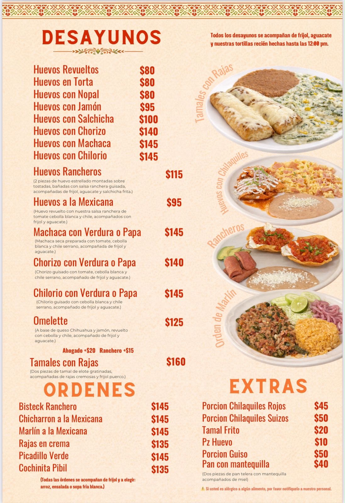 Menú de desayunos, órdenes y extras