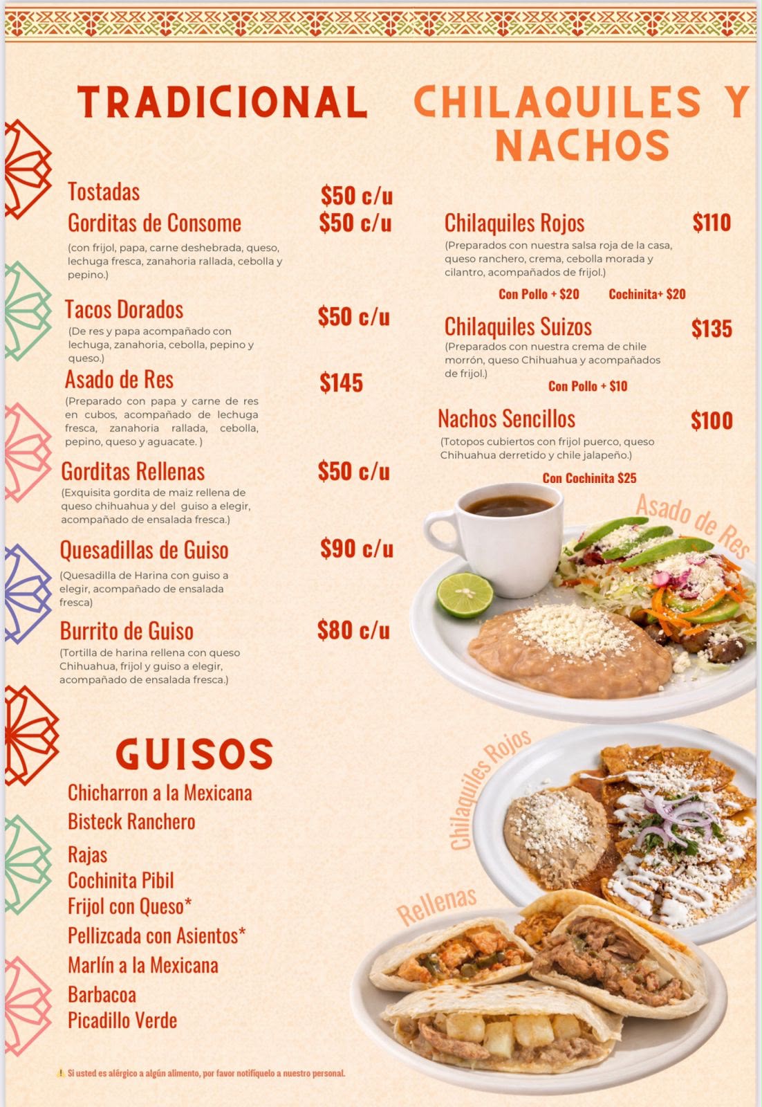 Menú tradicional, guisos, chilaquiles y nachos
